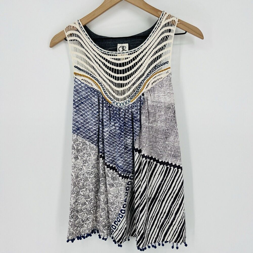 One September Anthropologie Sleeveless Halter Top-Blue Ivory Mixed Print Size M